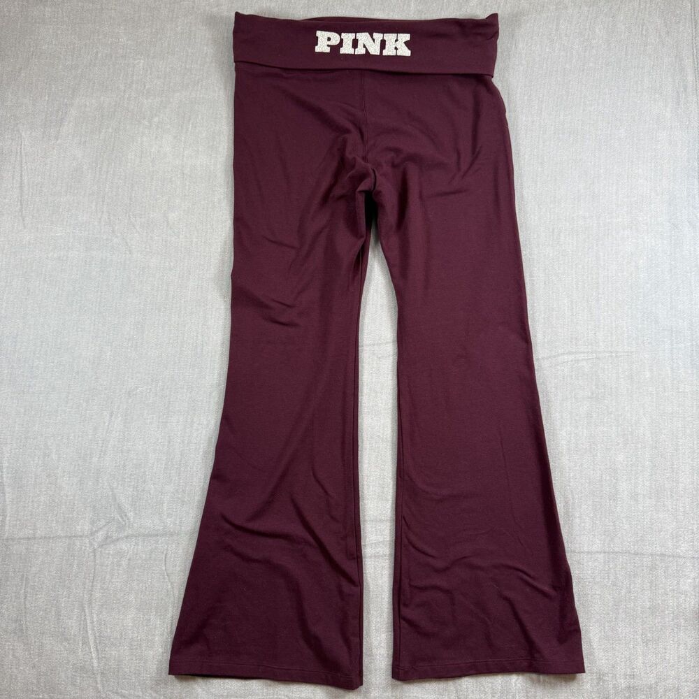 NWT VS PINK Foldover Flare Leggings Maroon Burgundy Glitter Bling Y2K Sz L Short